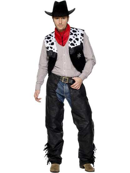 Costum de cowboy Smiffys, negru, cu chaps, vestă, curea și batic.