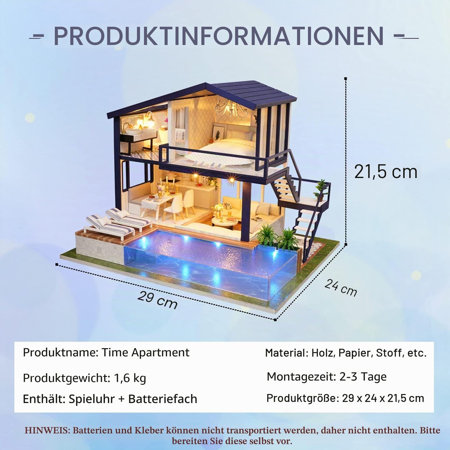CUTEROOM A066 Set de construcție casă de păpuși din lemn miniatură Time Apartment cu piscină