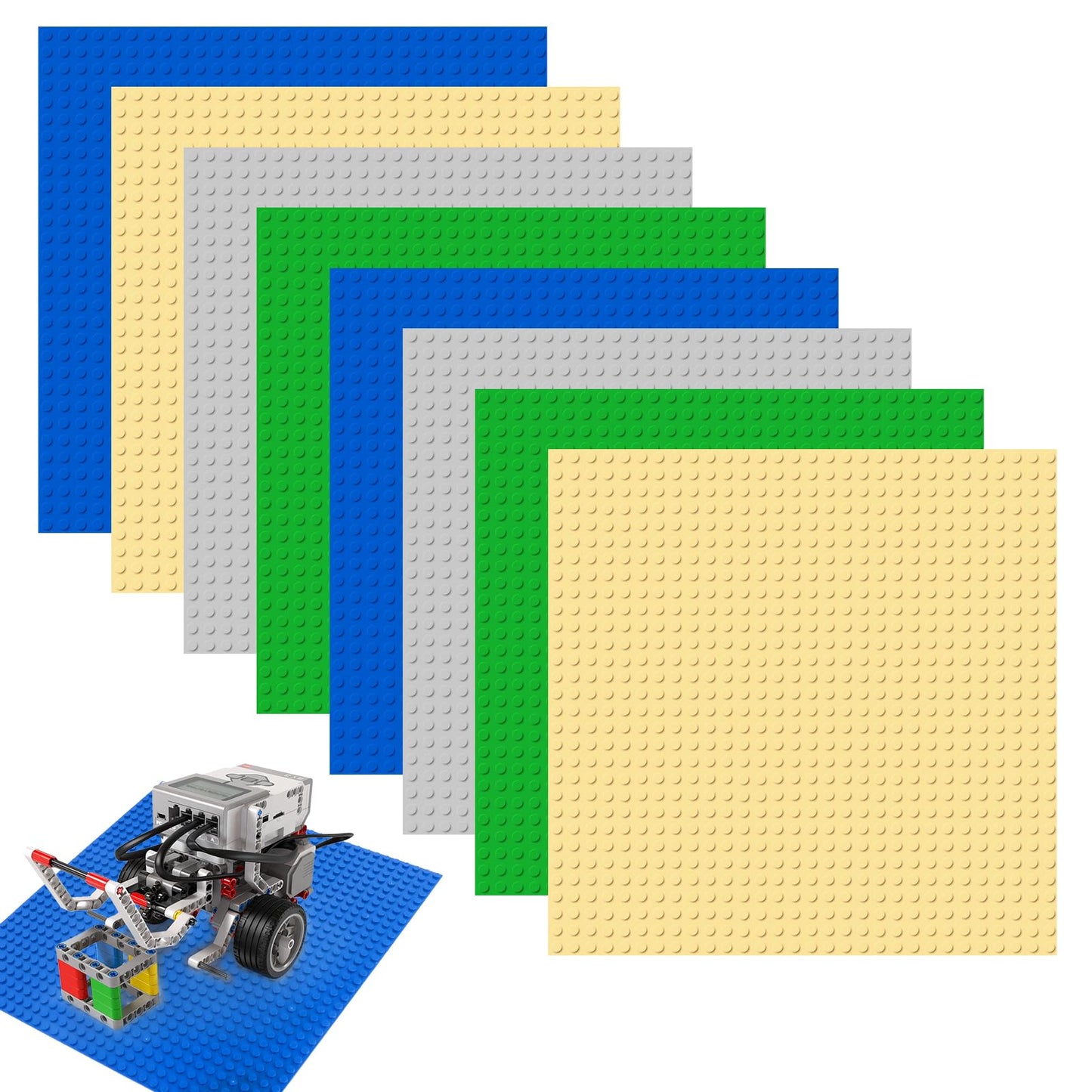 Set 8 Plăci de Construcție NVIYAM, Plăci Clasice 25.5x25.5cm, Compatibile cu Toate Marile Mărci, Set Plăci lego pentru Blocuri Clasice: Verde, Albastru, Gri, Galben