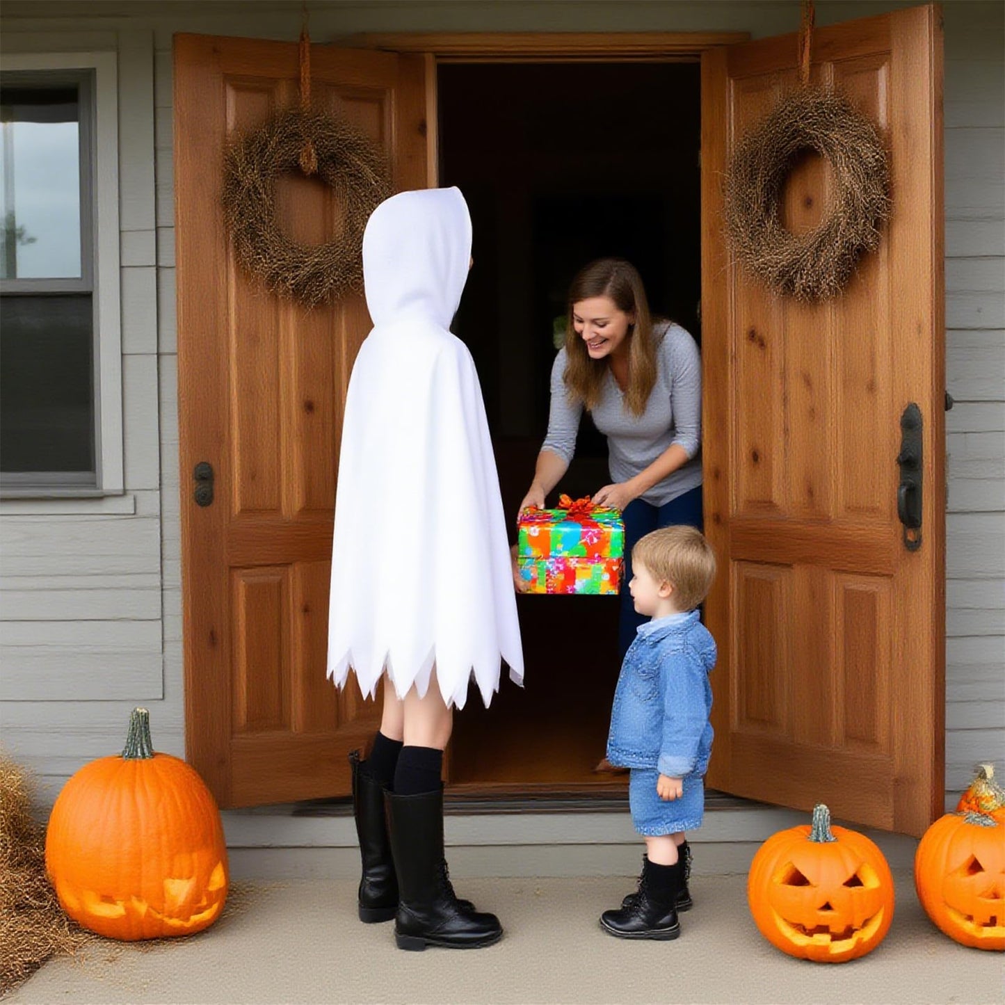 Costum de fantomă pentru copii Kinwers, alb, Halloween, cu ochelari luminoși, pentru înălțimi de 105-115 cm.