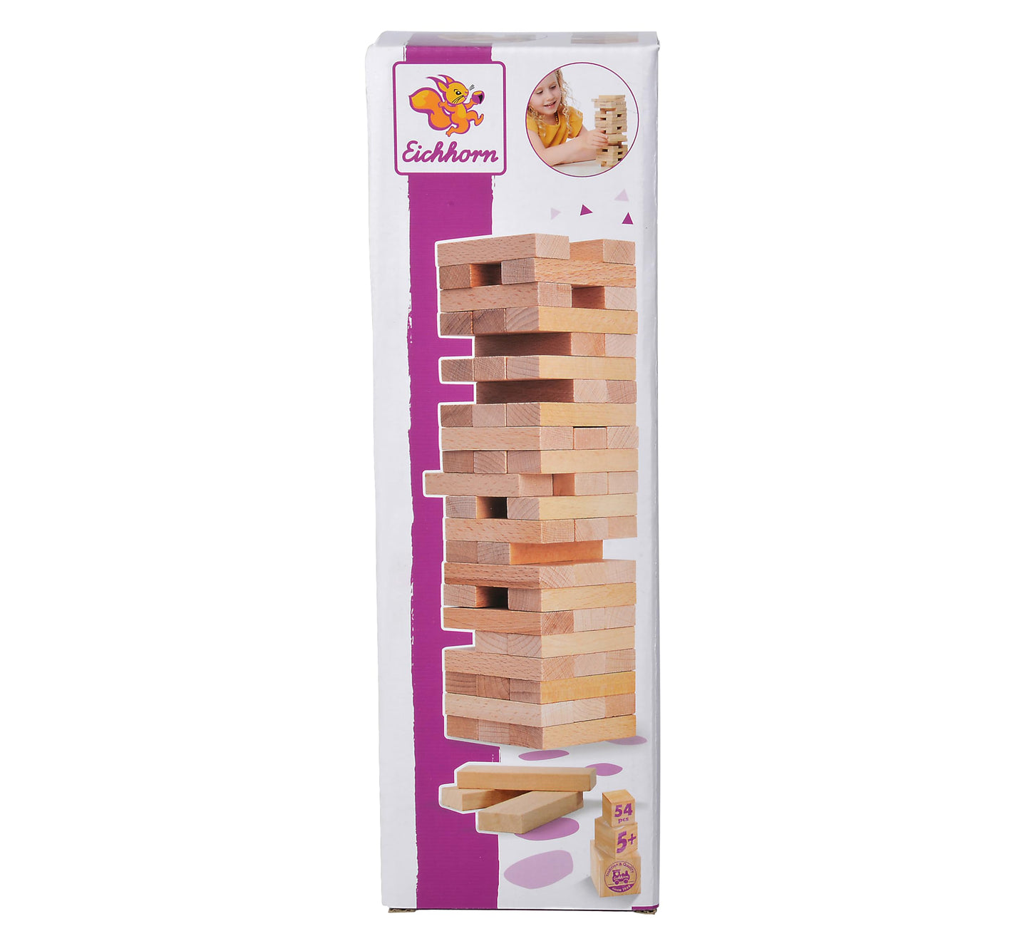 Eichhorn 100002466 Joc de echilibru pentru întreaga familie, Turn de echilibru din lemn netratat, 54 piese, recomandat de la 5 ani