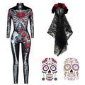 Antsparty Costum schelet Halloween femei cu coroană, tatuaje