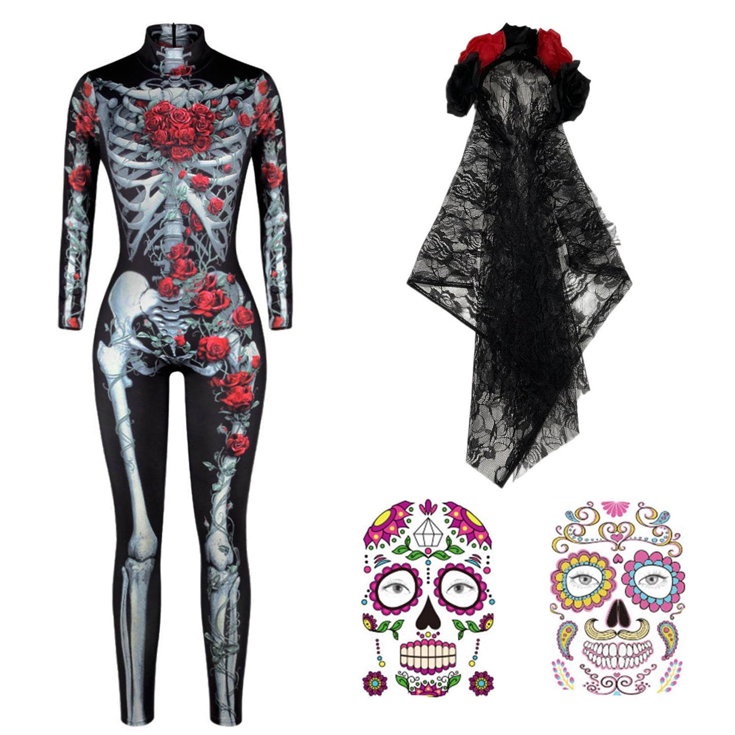 Antsparty Costum schelet Halloween femei cu coroană, tatuaje
