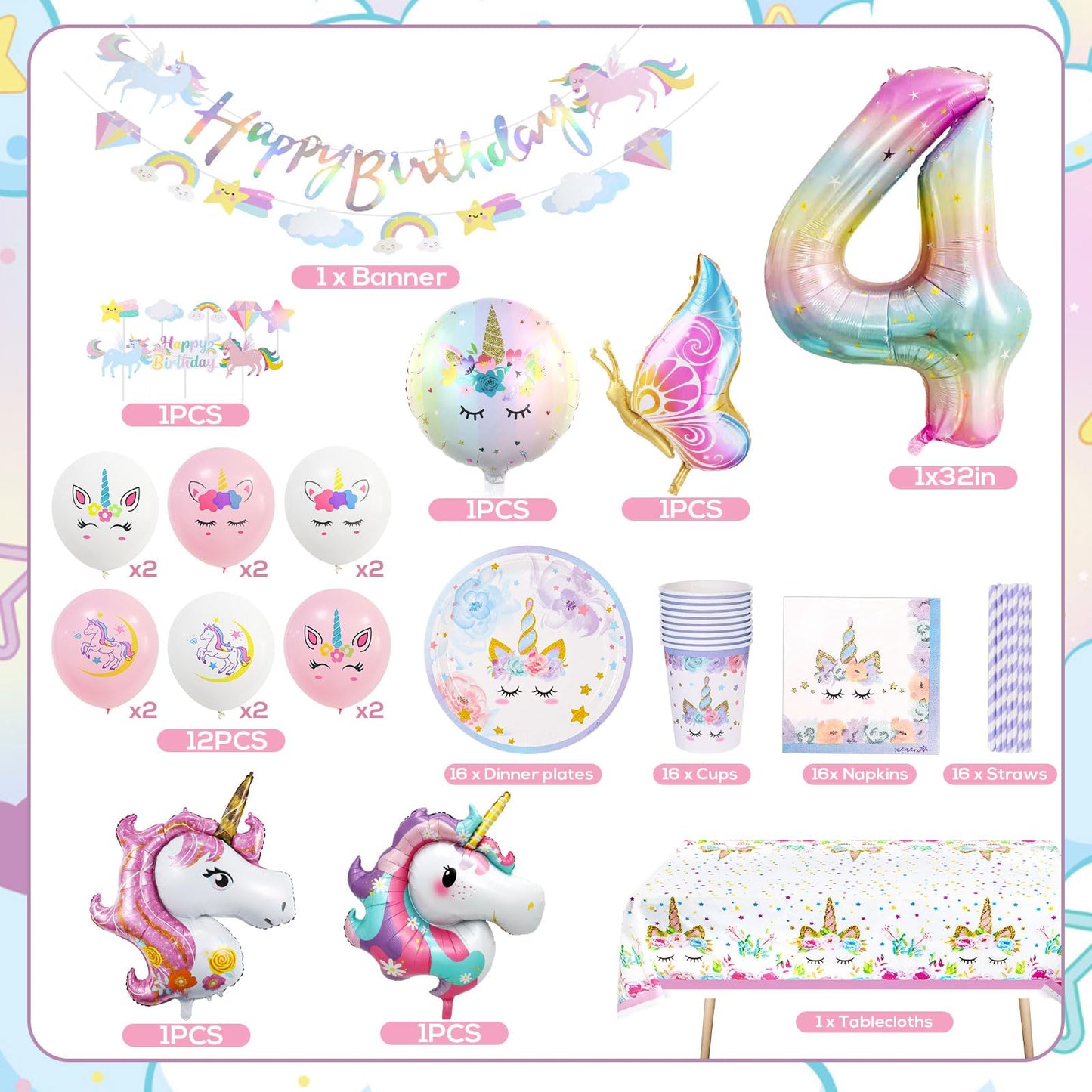 KQMGJYB Set veselă petrecere unicorn, 16 invitați