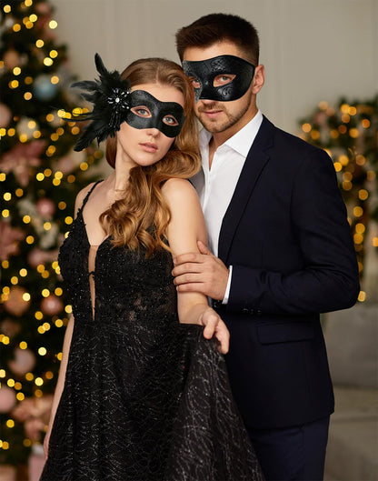 MYSEUNI Set de măști de carnaval pentru cupluri negre - Măști de carnaval pentru femei cu pene și mască venețiană pentru bărbați