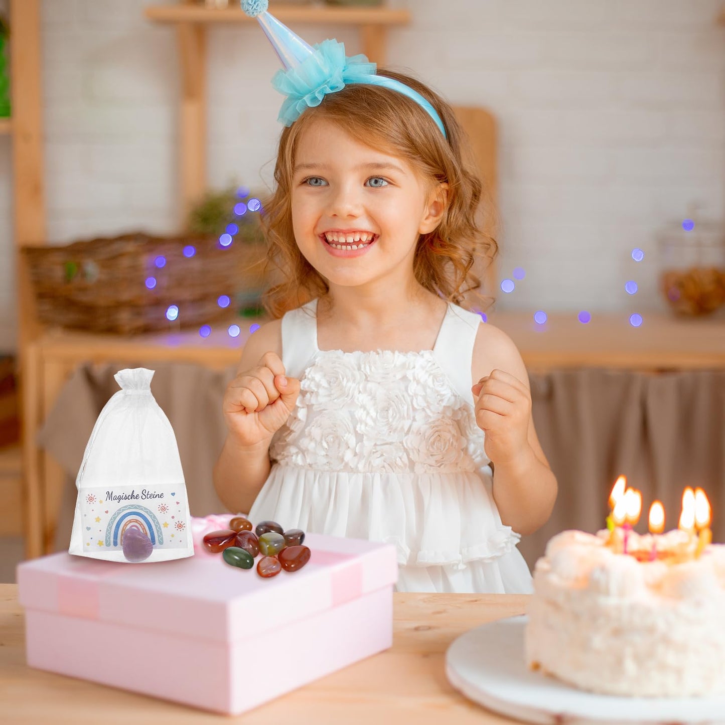 HweeWanX Set de pietre norocoase pentru copii 20 piese cu felicitări și săculeți din organza, cadou perfect pentru petrecerea copiilor