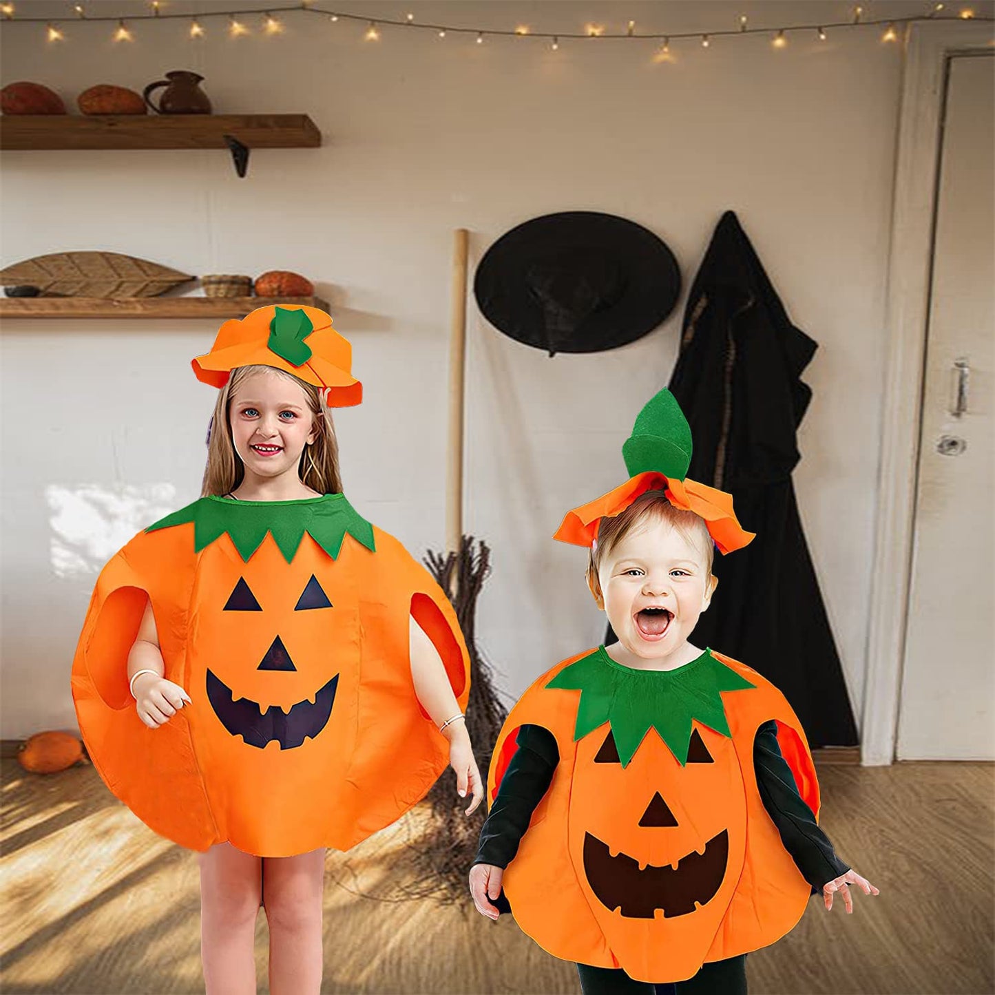 OUQIWEN ngyf-1 Costum de Halloween Dovleac pentru Copii cu Coș și Pălărie, pentru Băieți și Fete Cosplay Petrecere Halloween