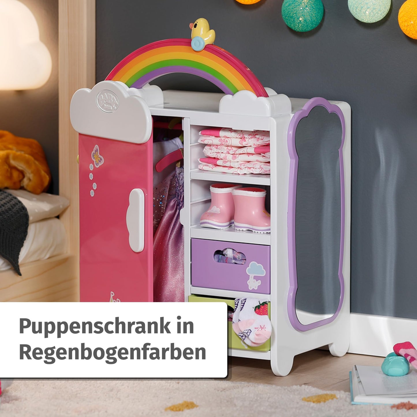 Dulap pentru păpuși BABY born - dulap de îmbrăcăminte cu curcubeu strălucitor și sunete vesele, 836040 Zapf Creation