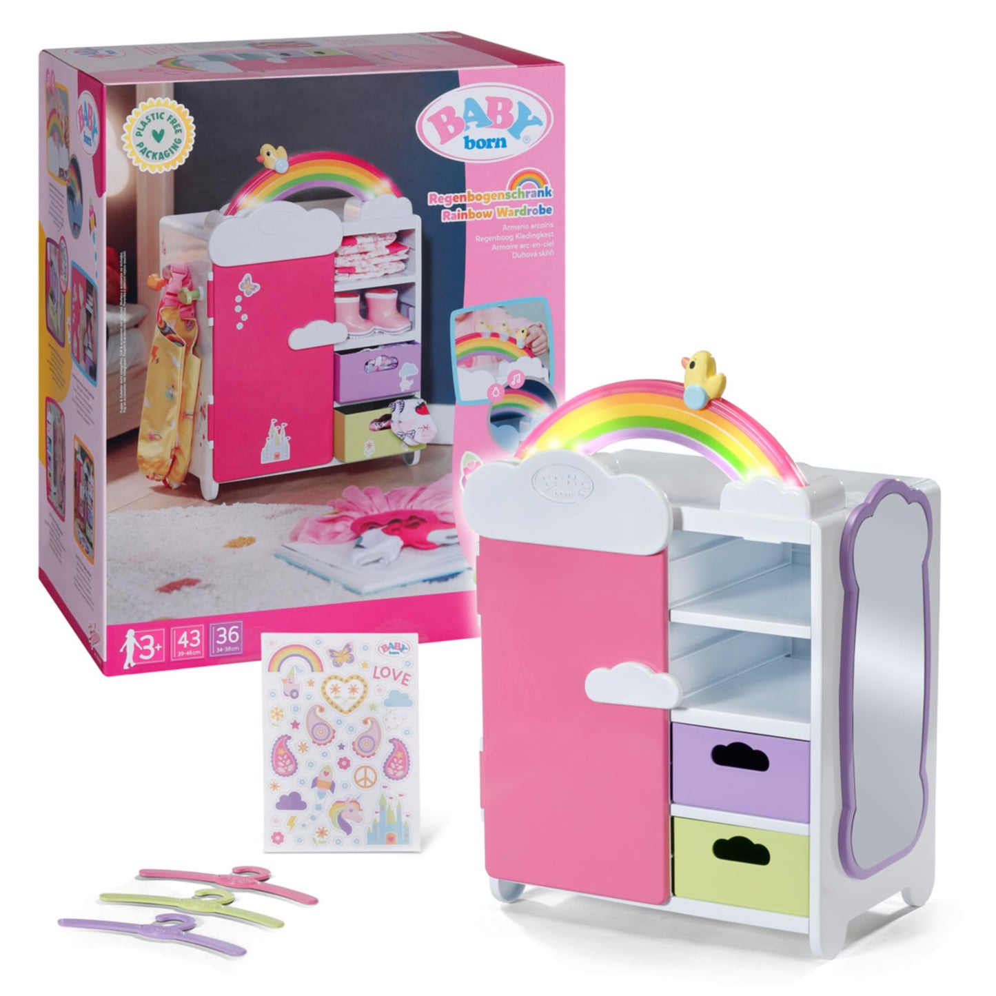 Dulap pentru păpuși BABY born - dulap de îmbrăcăminte cu curcubeu strălucitor și sunete vesele, 836040 Zapf Creation