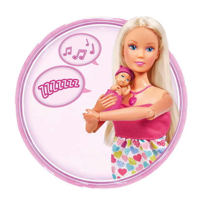 Simba 105733480 - Steffi Love Babyglück, păpușă gravidă cu bebeluș și sunete minunate, accesorii pentru bebeluși și scoică auto pentru bebeluși
