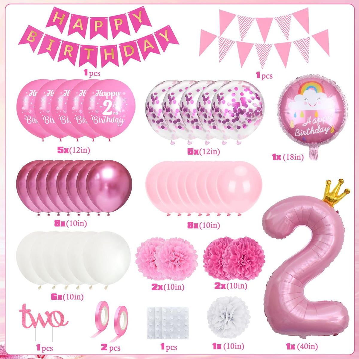 TOYTOPIE Set decoratiuni petrecere aniversare 2 ani cu balon folie roz numărul 2, panglică La mulți ani și pompoane de hârtie pentru fete