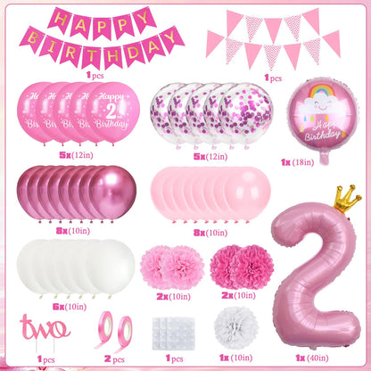 TOYTOPIE Set decoratiuni petrecere aniversare 2 ani cu balon folie roz numărul 2, panglică La mulți ani și pompoane de hârtie pentru fete