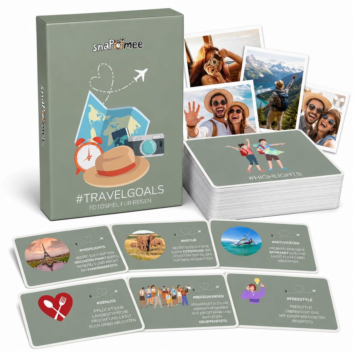 snaPmee Urlaubsfoto-Challenge Joc de societate cu 50+4 provocări foto pentru călătorii, camping, rulote - Idei foto grozave, cadou pentru vacanță, cupluri, familie