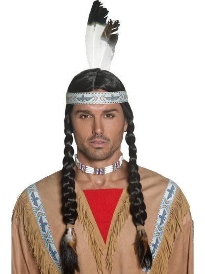 Peruca indiană Smiffys inspirată de americanii nativi, cu împletituri și bandă cu pene pentru Halloween și carnaval.