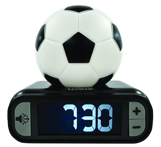 Ceas deșteptător Lexibook cu tematică fotbal, sunete și melodii, ecran LCD cu iluminare de fundal, afișaj luminos, funcție de snooze, negru/alb, model RL800FO