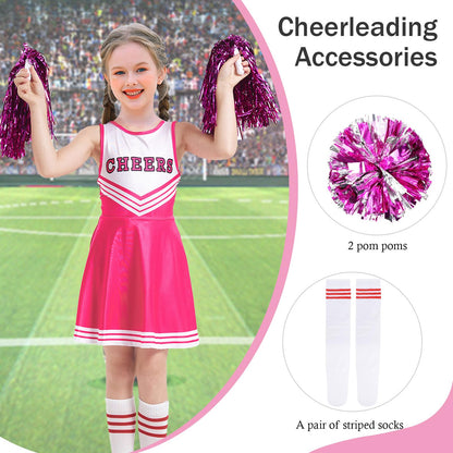Berich Costum de Cheerleader pentru Copii, deghizare cu Pompoane, Șosete, Costume de Prințesă pentru Fete, Uniformă de Halloween, Îmbrăcăminte Termică pentru Petreceri, Fete, Costum de Cheerleader, Roz, 10–11 Ani, 150