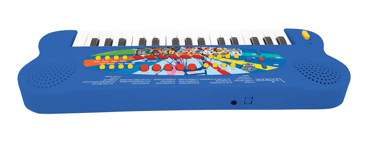Jucarie Pian Muzical cu Microfon Lexibook Paw Patrol Paw Patrol, 32 taste, microfon pentru cântat, 22 melodii demo, funcționează pe baterii, culoare albastru/roșu/negru.