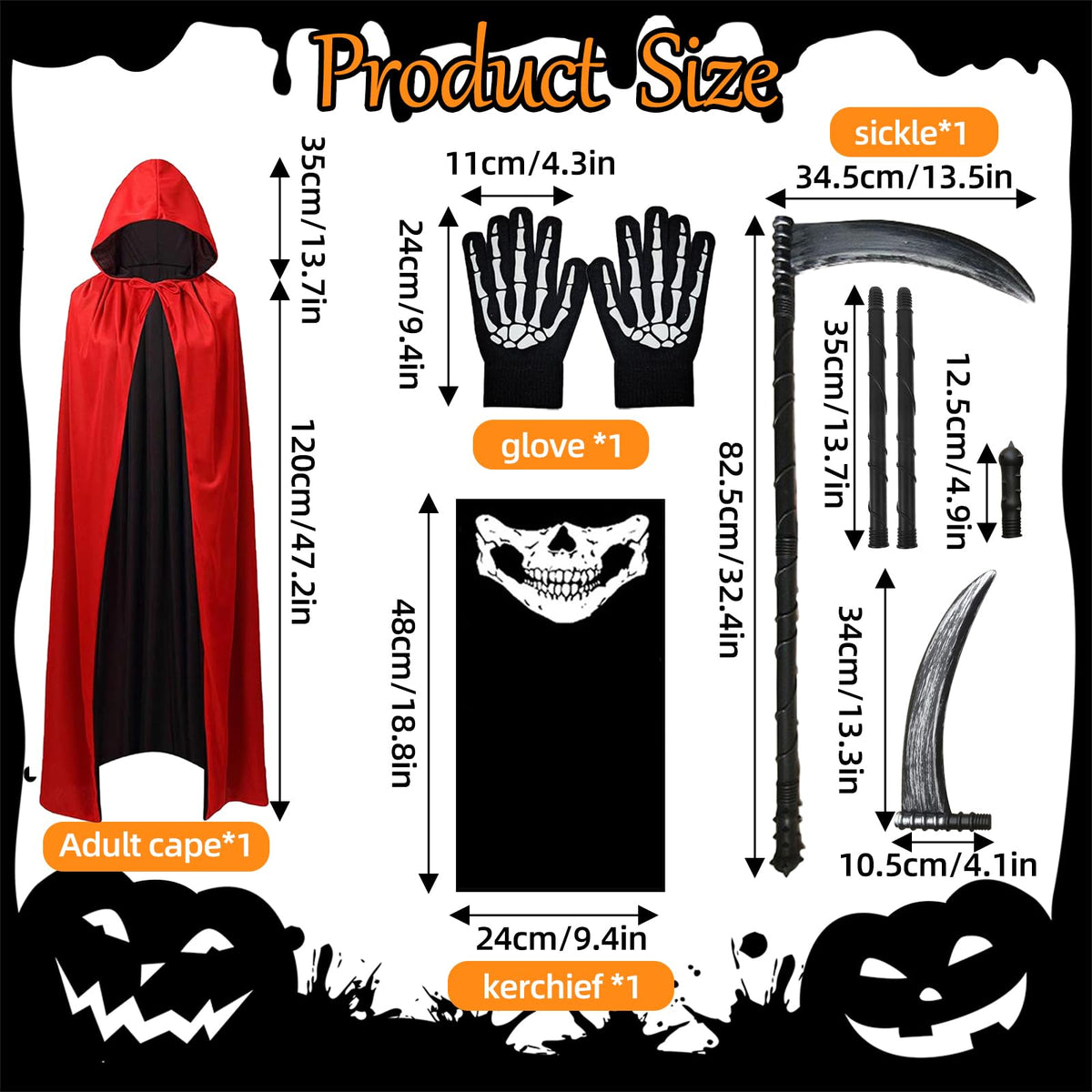 DaengGeGe Sensenmann Set Costume pentru Copii cu Pelerină și Glugă, 6-12 ani, Negru și Roșu
