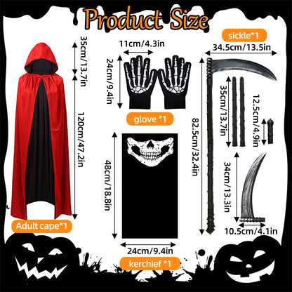 DaengGeGe Sensenmann Set Costume pentru Copii cu Pelerină și Glugă, 6-12 ani, Negru și Roșu