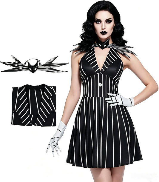 AYYOHON Jack Rochie de Crăciun pentru femei, Cosplay, dungi, croială A, cu papion, pentru adulți, mărime S