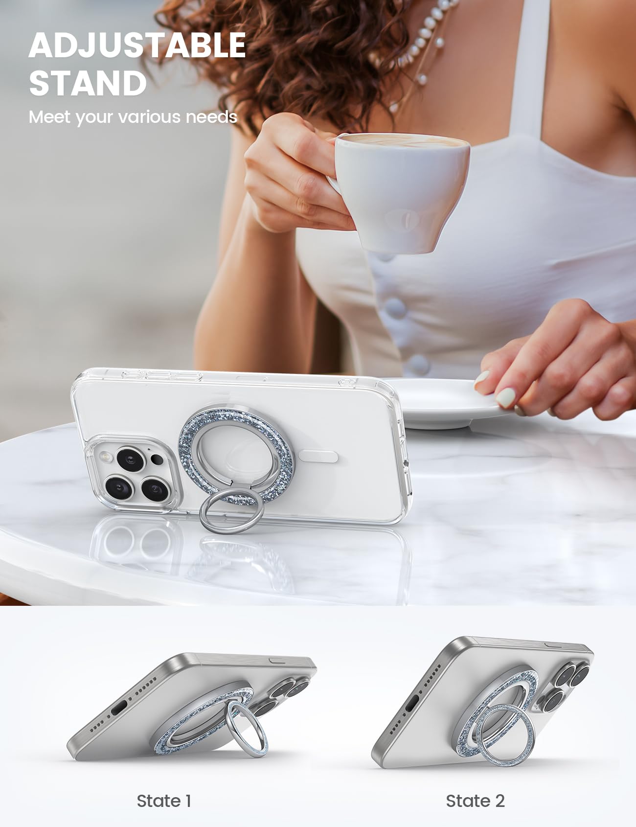 Suport Magnetic pentru Telefon Lamicall Bling pentru MagSafe - [Inel Strălucitor 2025] cu Rotire 360° pentru iPhone 17 16 15 14 13 Pro/Pro Max/Plus/Air, Alte Telefoane cu Inel Metalic - Argintiu