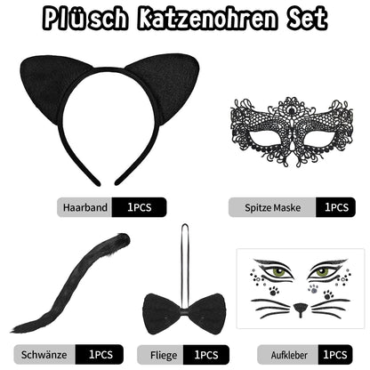 Accesorii set pisica pentru femei.Pregătită pentru carnaval. Set de costum de pisică încântător: arată-ți atracția strălucitoare de pisică.