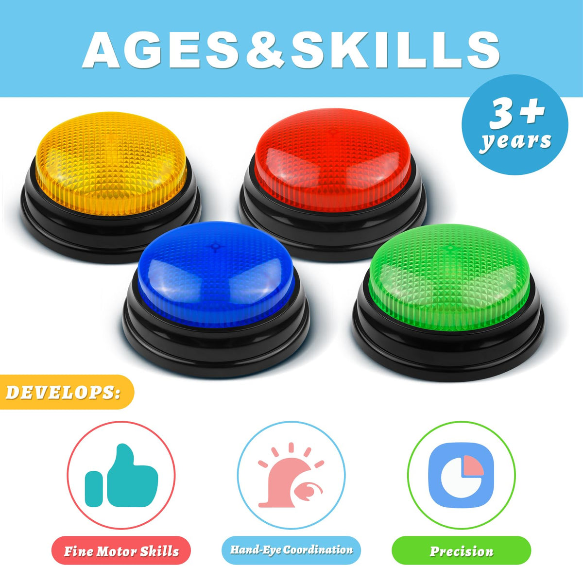 BEAN LIEVE GB-02 Set de buzzere pentru răspunsuri cu 4 sunete personalizate, sirenă, buzzer, laser și încărcare, pentru jocuri în clasă și acasă, set de 4, multicolor