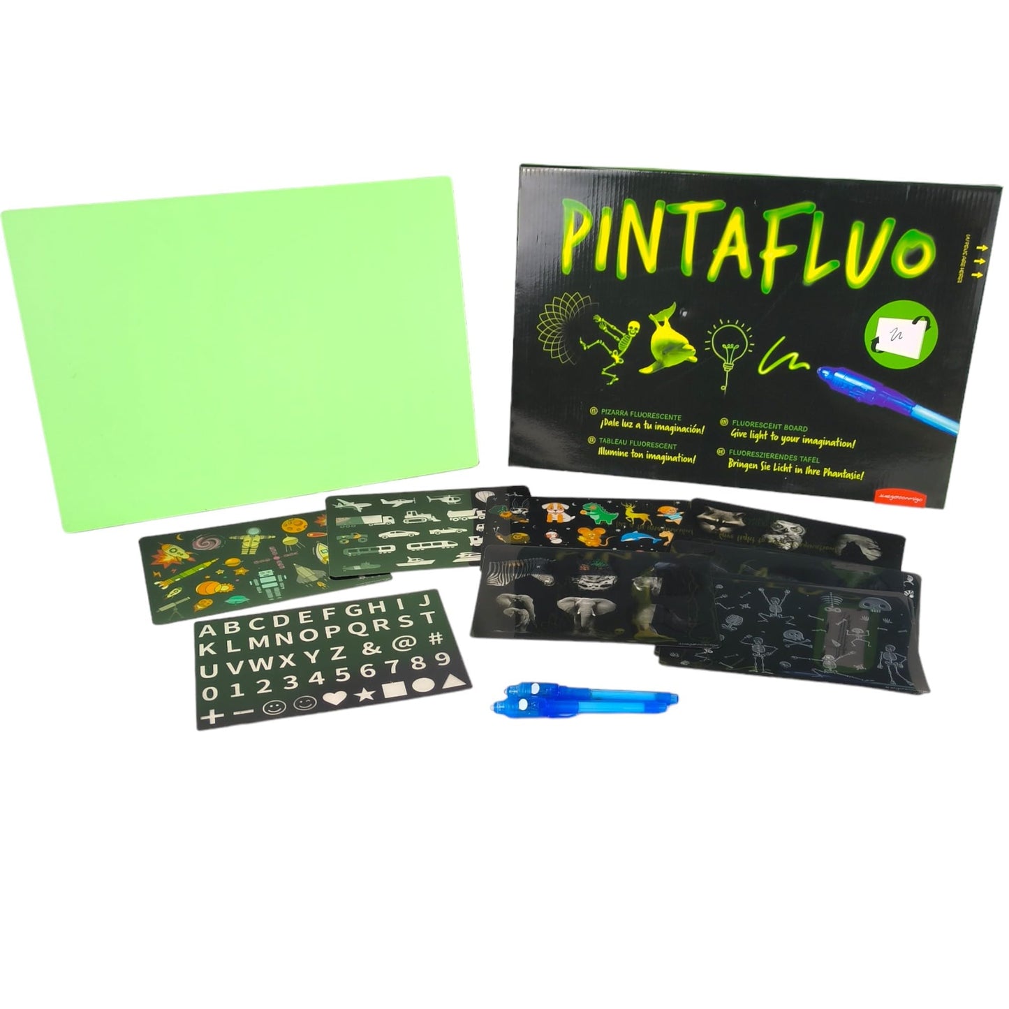 Pintafluo Tablă Fosforescenta A3, 2 pixuri, 10 șabloane