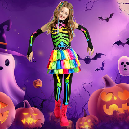 Ntwdby Costum Schelet Colorat fete, Halloween