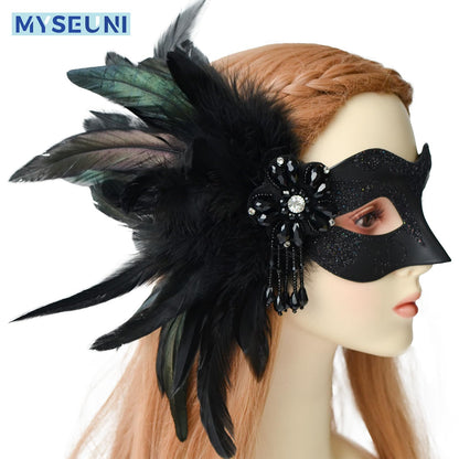 MYSEUNI Set de măști de carnaval pentru cupluri negre - Măști de carnaval pentru femei cu pene și mască venețiană pentru bărbați