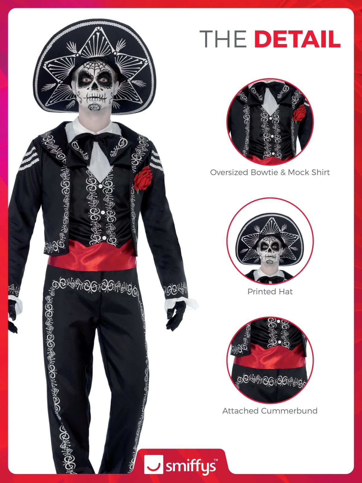 Smiffys Deluxe Senor Bones Costum Ziua Morților pentru Bărbați, Negru, Halloween și Carnaval