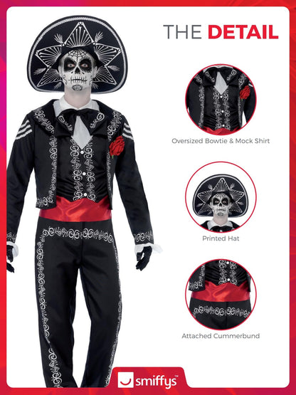 Smiffys Deluxe Senor Bones Costum Ziua Morților pentru Bărbați, Negru, Halloween și Carnaval