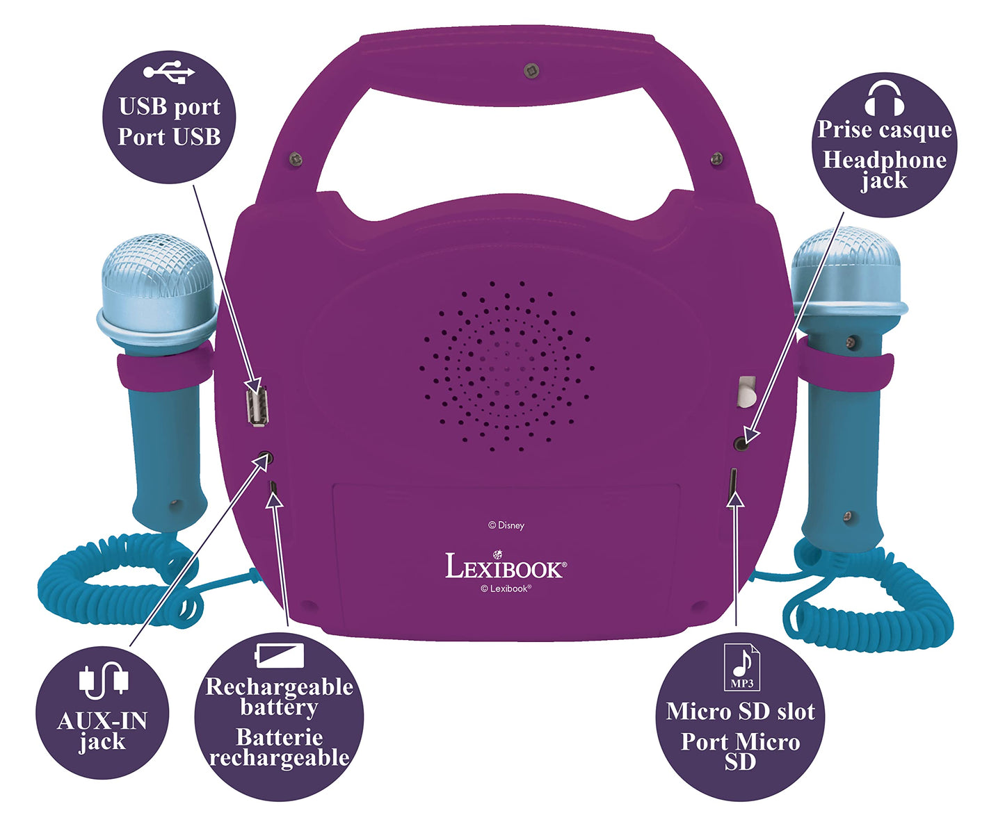 Lexibook Karaoke Portabil Frozen, 2 microfoane, Bluetooth