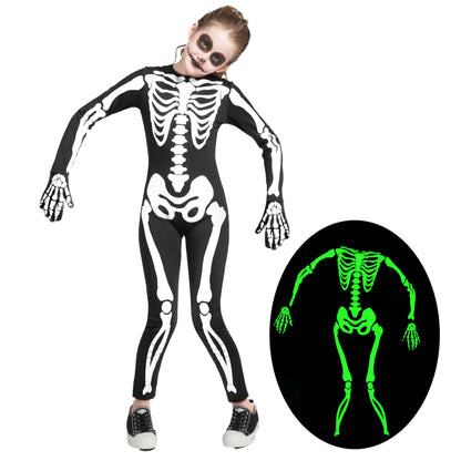 Costum de schelet pentru copii Spooktacular Creations, unisex, cu efect de strălucire în întuneric, ideal pentru Halloween, jocuri de rol și petreceri cosplay.