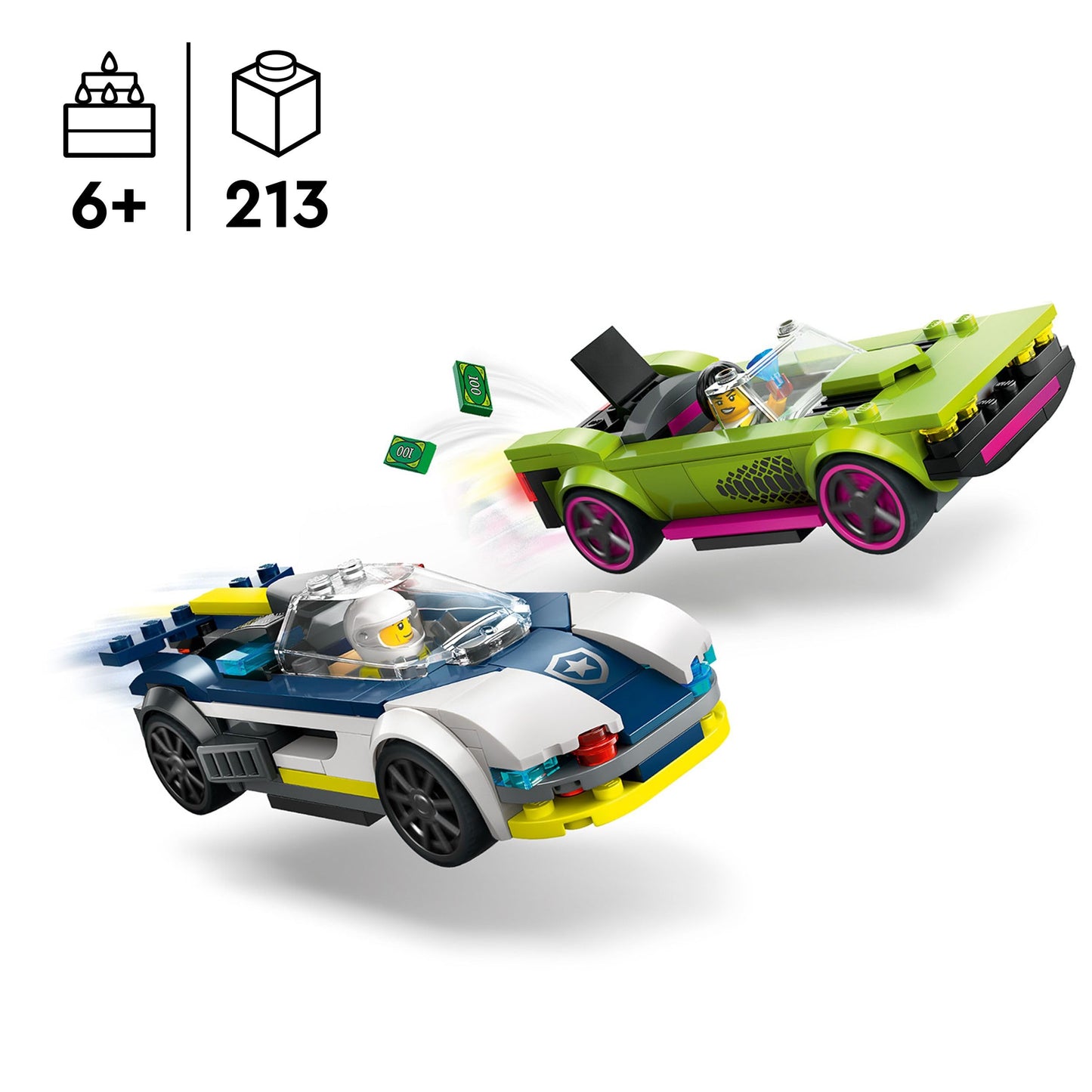 LEGO City 60415 Set de construcție cu mașină de poliție și muscle car, 213 piese, de la 6 ani