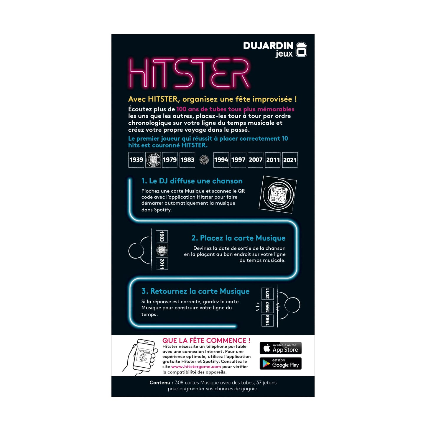 Dujardin Hitster - Joc de petrecere pentru adulți, descoperă 100 de ani de hituri muzicale, pentru 2-10 jucători, de la 16 ani, în limba franceză.