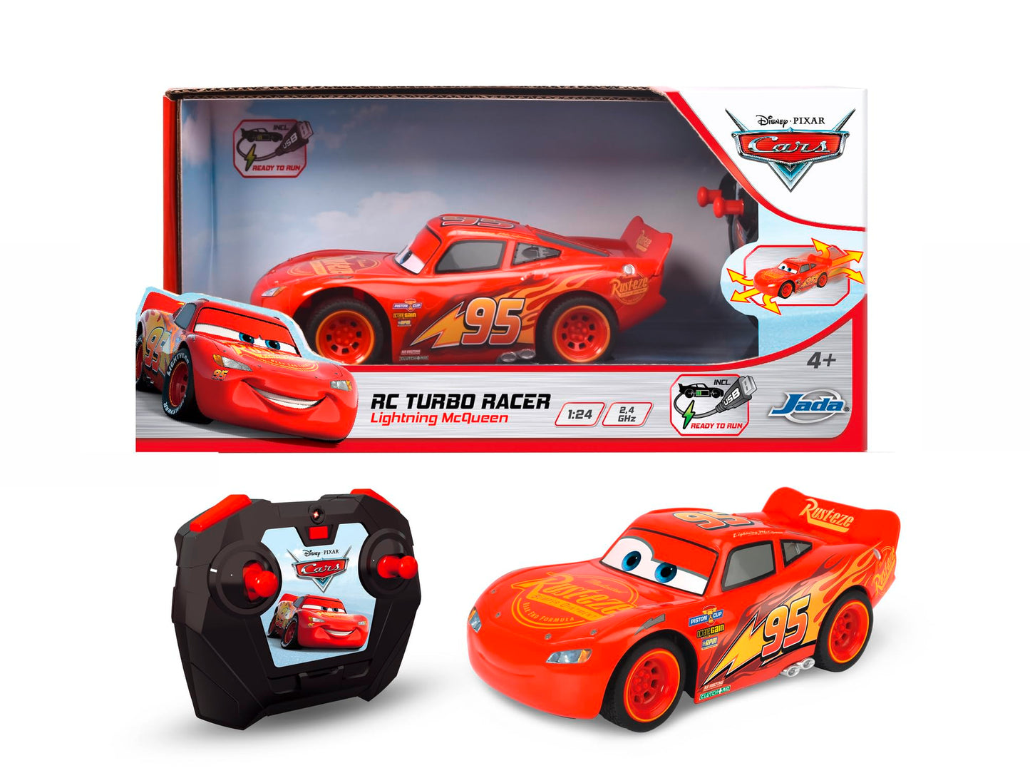 Mașină RC Jada Toys 3 Lightning McQueen Turbo Racer, cu telecomandă 2 canale, jucărie cu funcție turbo, încărcare USB, inclusiv baterii, scară 1:24, 17 cm, roșie.