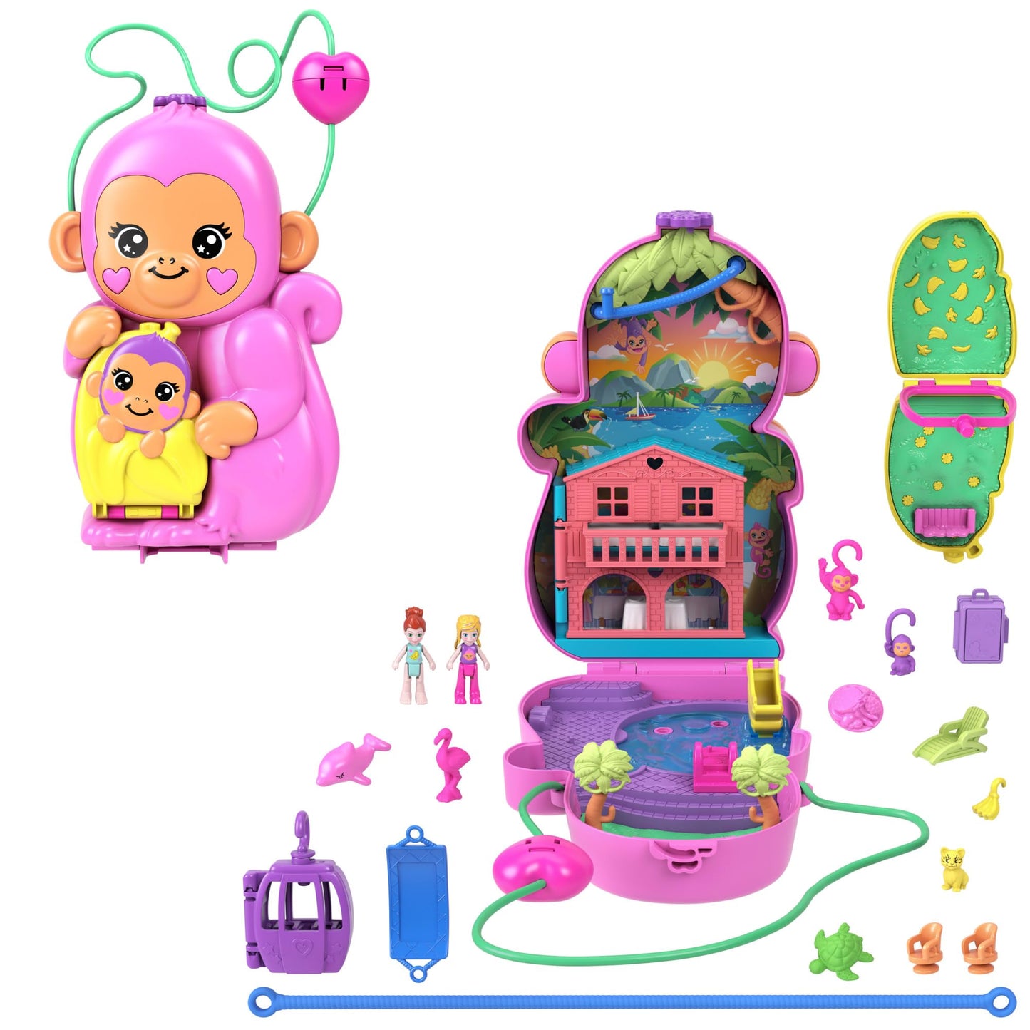 Polly Pocket Păpuși și Set de Joacă cu Animale și 13 Accesorii, 2-in-1 Mama Maimuță și Bebeluș, Geantă Portabilă și Jucărie cu Animale, HWP04