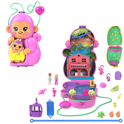 Polly Pocket Păpuși și Set de Joacă cu Animale și 13 Accesorii, 2-in-1 Mama Maimuță și Bebeluș, Geantă Portabilă și Jucărie cu Animale, HWP04