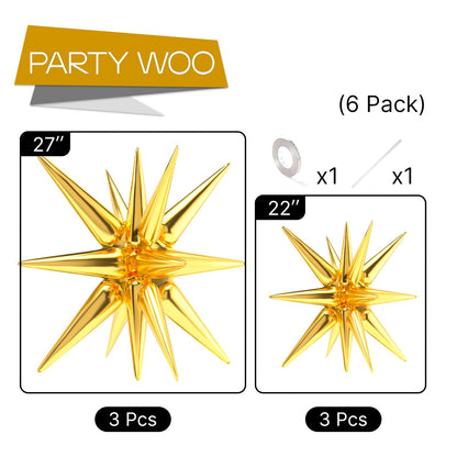 Baloane cu stea PartyWoo, 6 bucăți, baloane aurii cu 14 colțuri, folii pentru decor de petrecere, nunți și aniversări (27 & 22 inch)