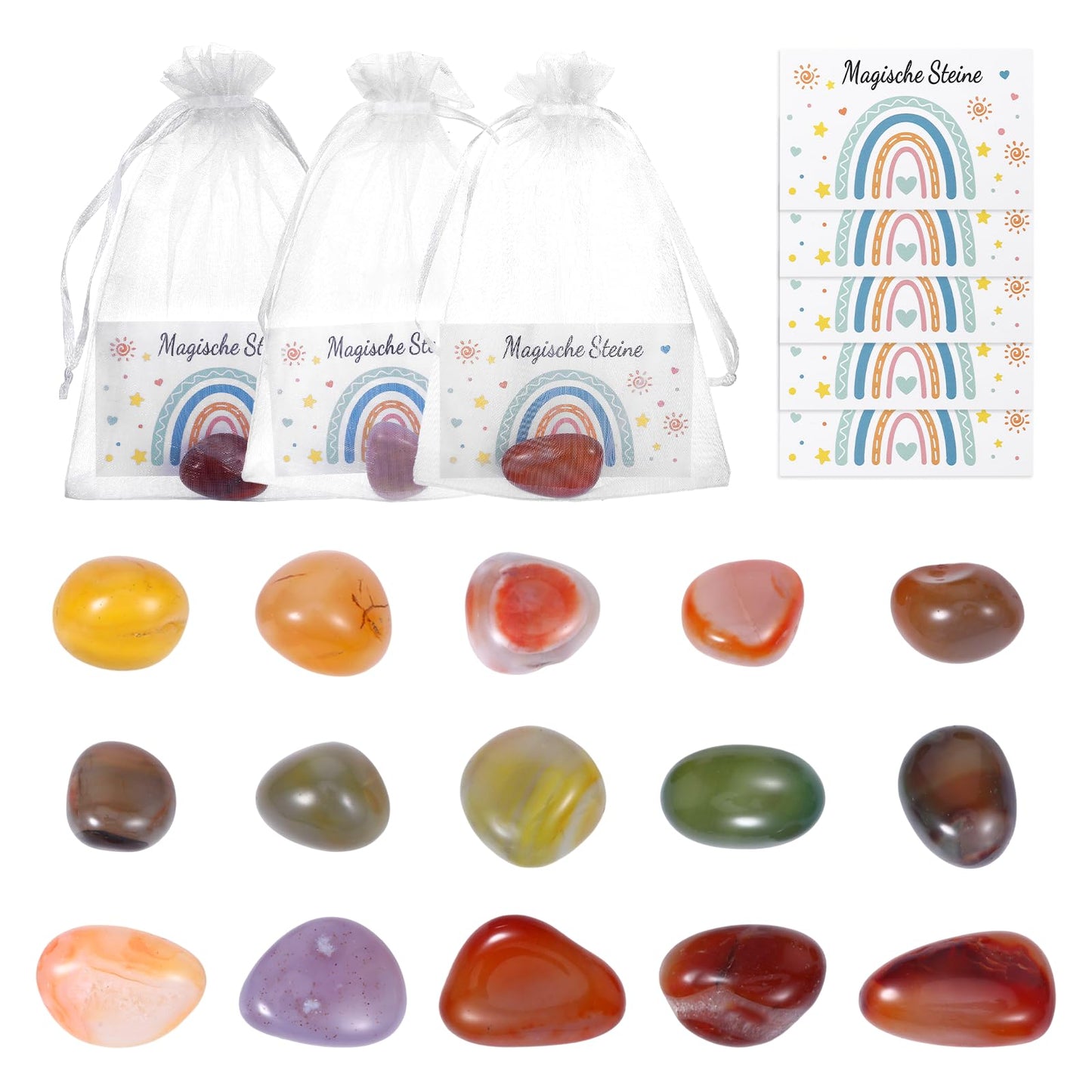 HweeWanX Set de pietre norocoase pentru copii 20 piese cu felicitări și săculeți din organza, cadou perfect pentru petrecerea copiilor