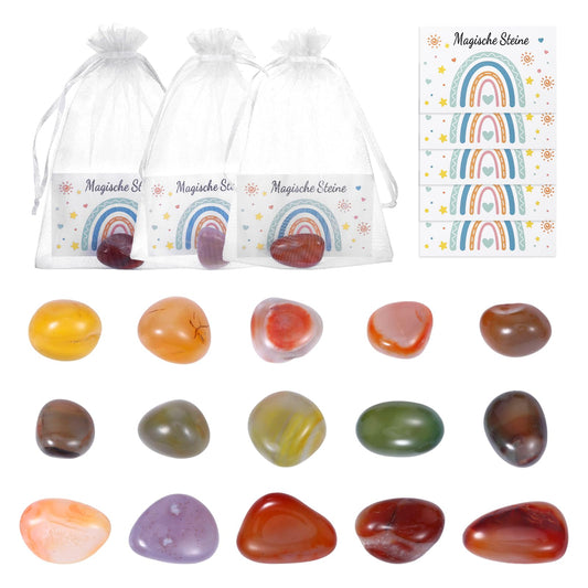 HweeWanX Set de pietre norocoase pentru copii 20 piese cu felicitări și săculeți din organza, cadou perfect pentru petrecerea copiilor