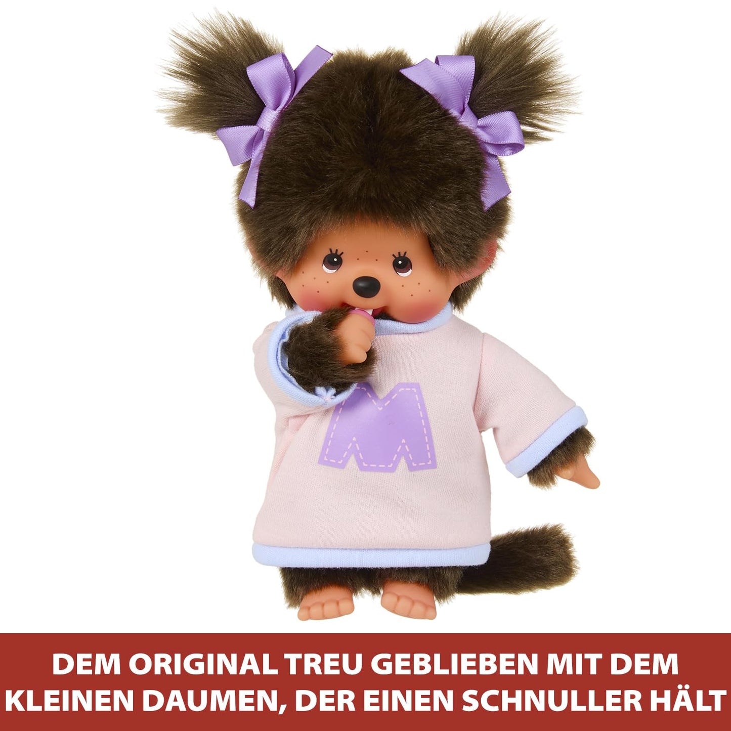 BANDAI - Monchhichi - Figurina din pluș Monchhichi cu hanorac M - Iconic Monchhichi din anii '80 - Pluș 20 cm pentru copii - Hanorac cu litera M - Jucărie pentru copii de la 2 ani - SE203956
