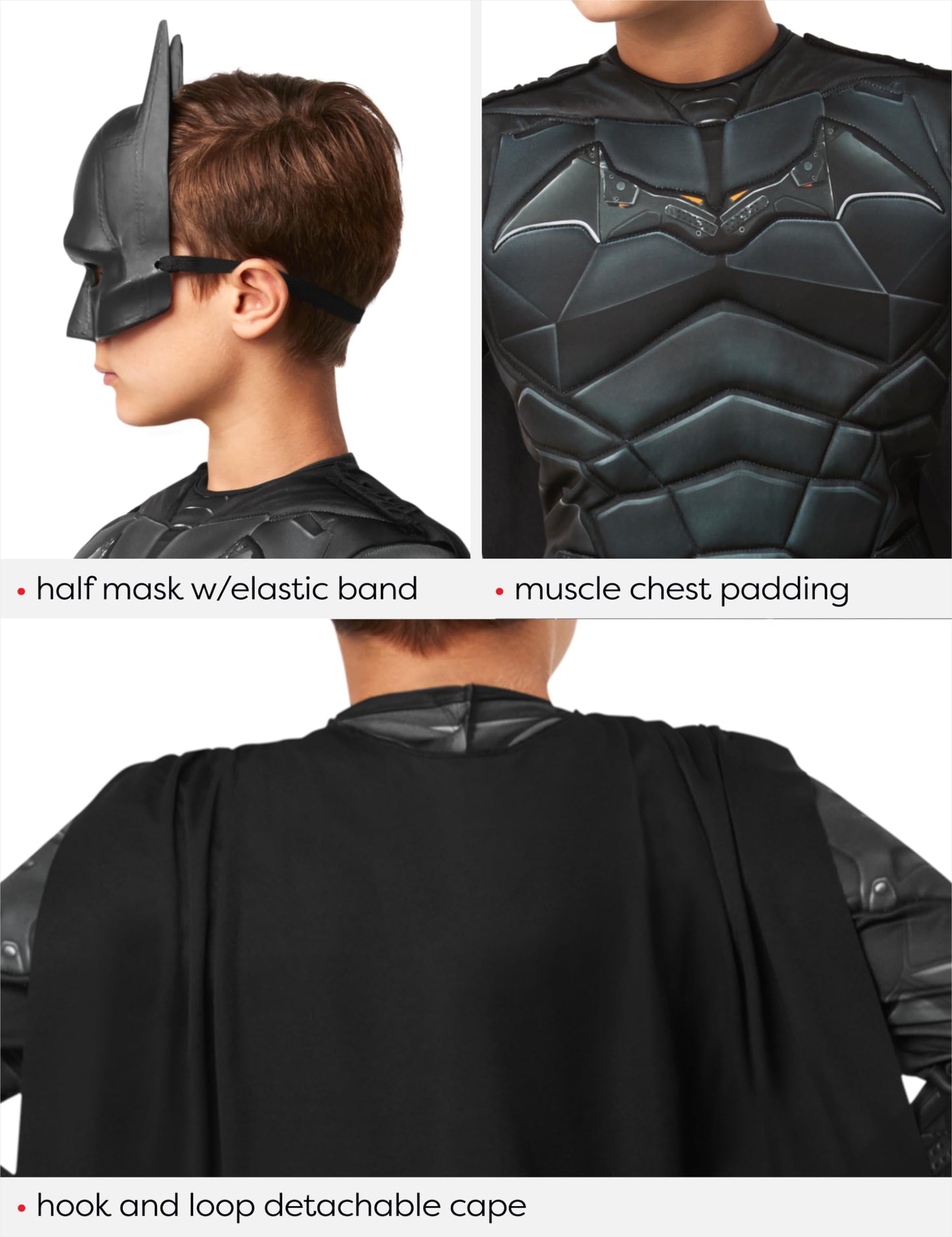 Costum Deluxe Batman pentru băieți, cu piept muscular, oficial din filmul The Batman, de culoare neagră, cu capa detașabilă și mască, ideal pentru Halloween, Crăciun, carnaval și petreceri de naștere.- Rubies