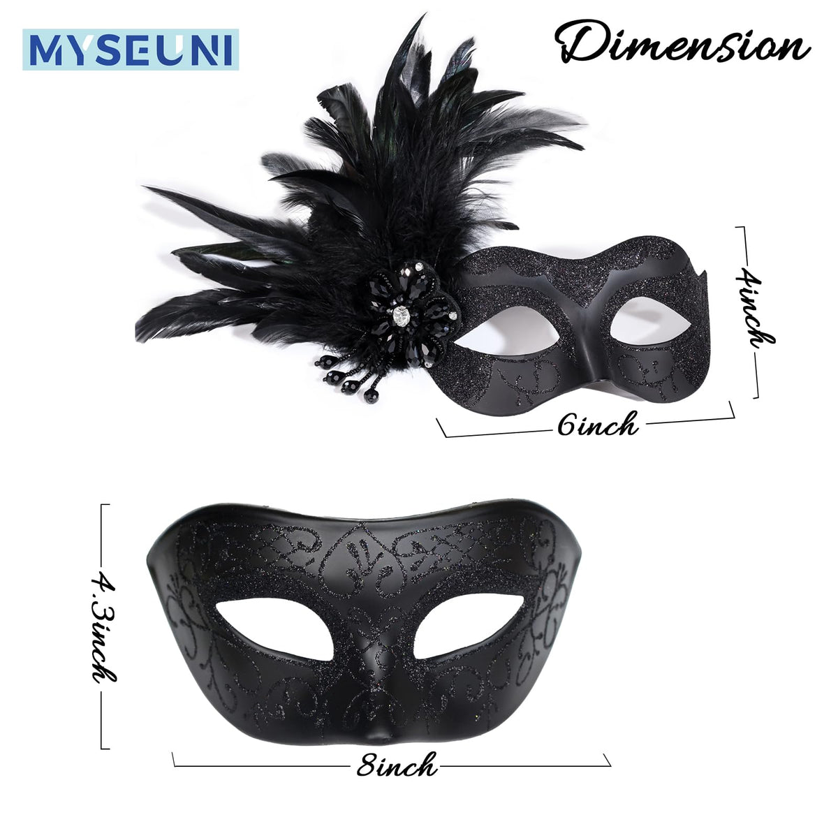 MYSEUNI Set de măști de carnaval pentru cupluri negre - Măști de carnaval pentru femei cu pene și mască venețiană pentru bărbați