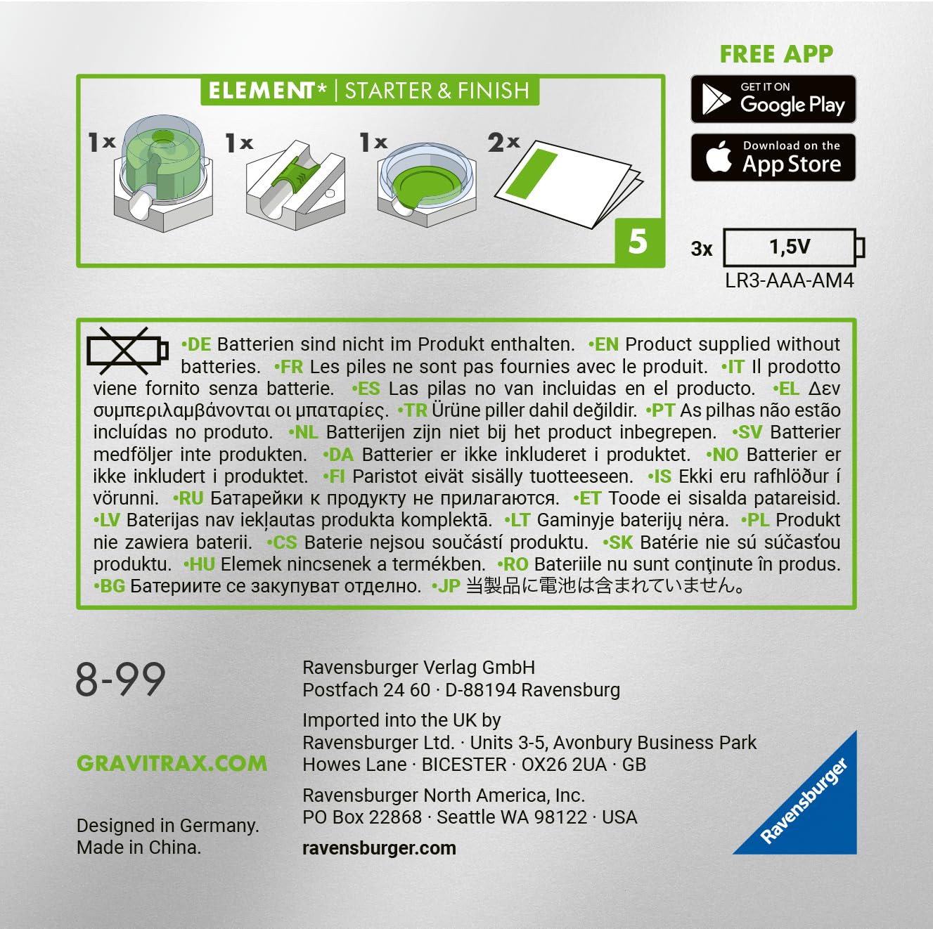 Ravensburger GraviTrax Power Elemente Starter & Finish - Accesorii electronice pentru trasee cu bile, pentru copii de la 8 ani, compatibile cu toate produsele și liniile GraviTrax.