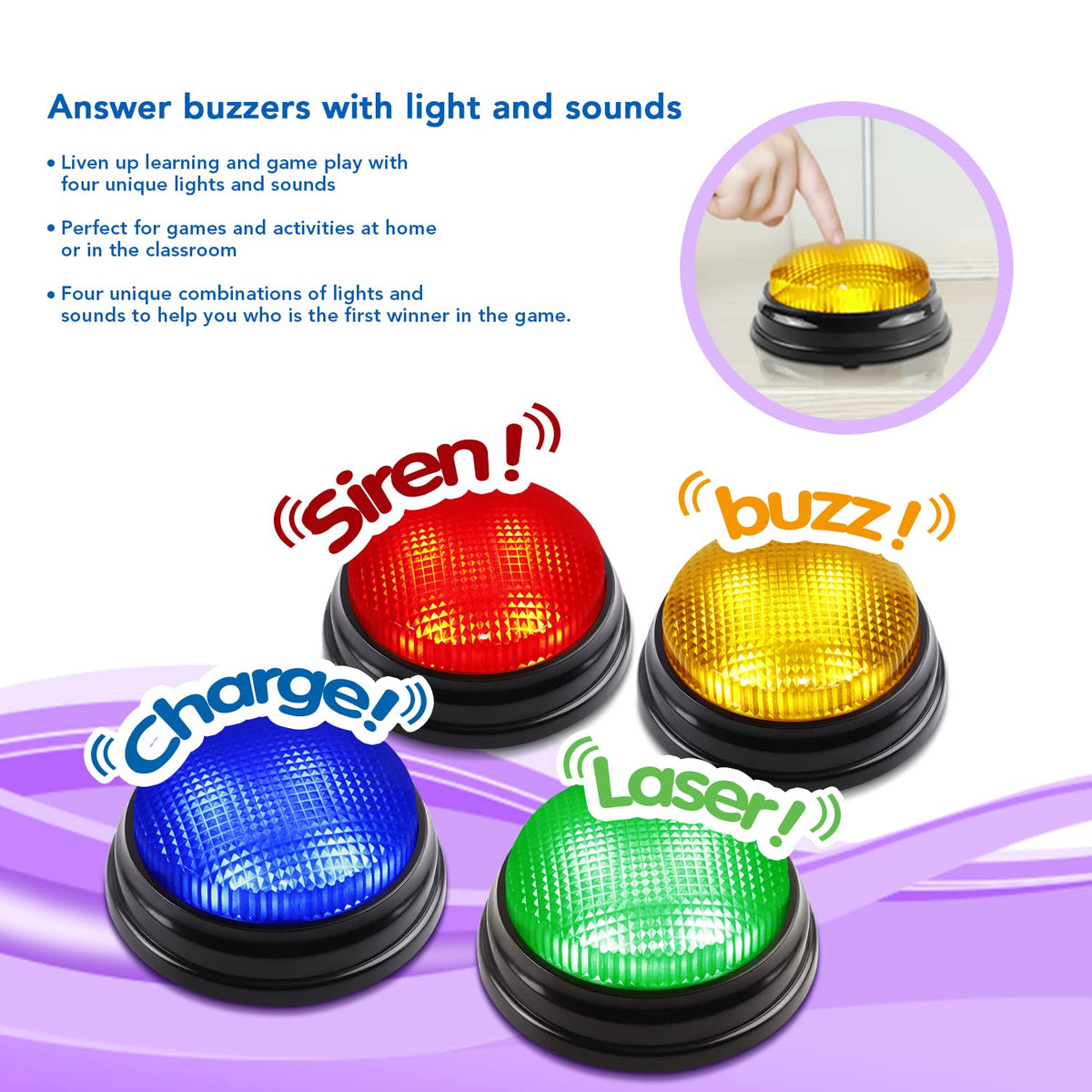 BEAN LIEVE GB-02 Set de buzzere pentru răspunsuri cu 4 sunete personalizate, sirenă, buzzer, laser și încărcare, pentru jocuri în clasă și acasă, set de 4, multicolor