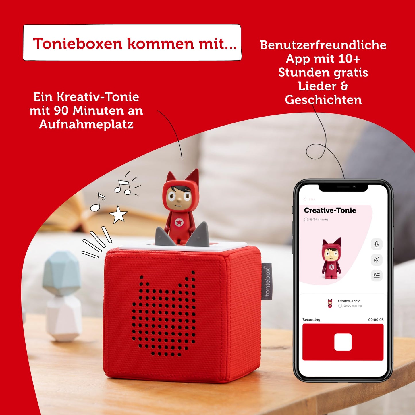 tonies Toniebox Set de pornire Boxă audio pentru copii cu 1 figură creativă, wireless, 7 ore autonomie, roșu