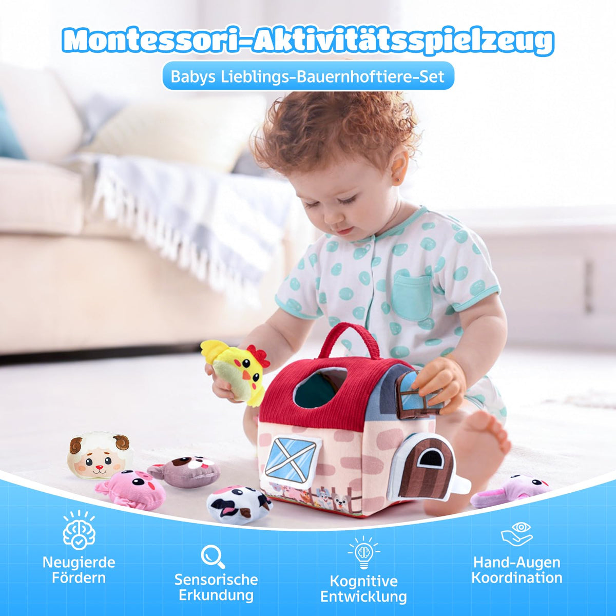 kidmance RX002 Set de joacă Montessori din bumbac cu fermă, zornăitoare și figurină animale 1-2 ani