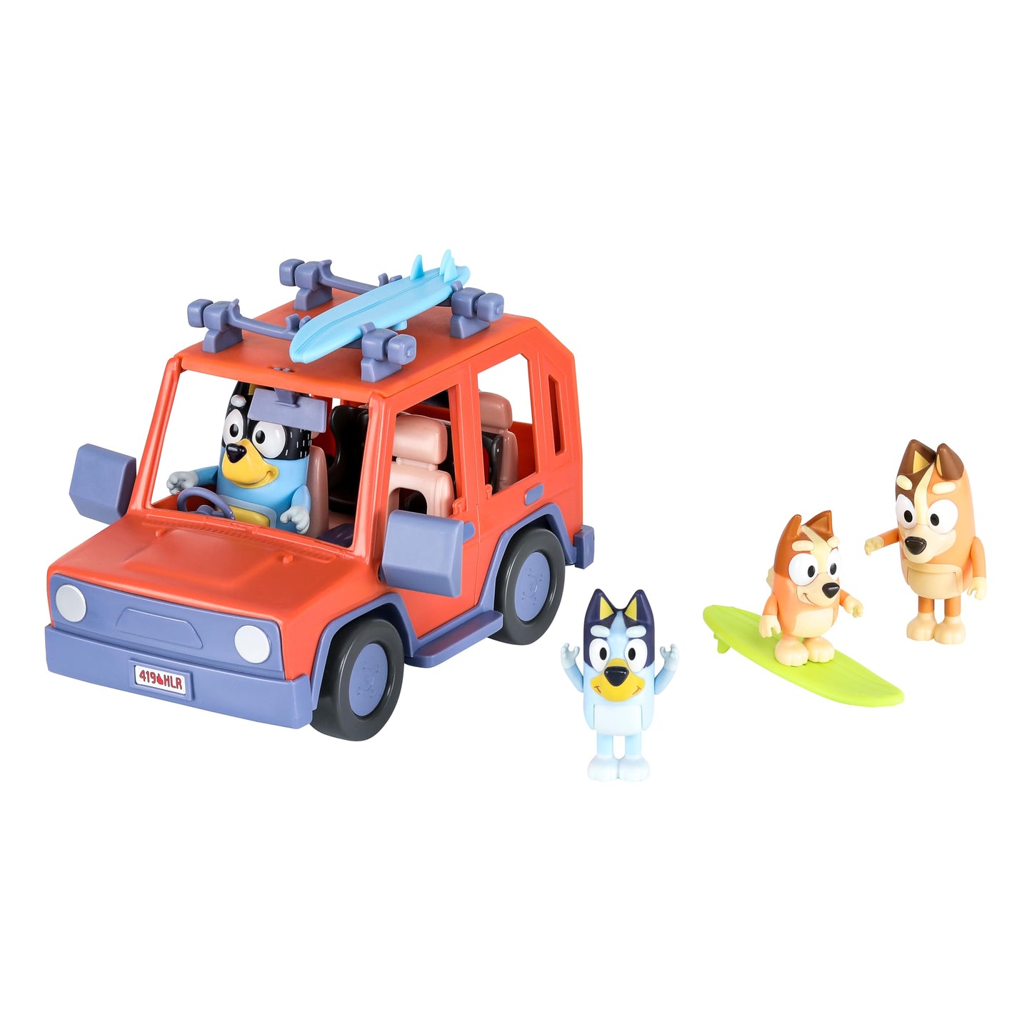 BlueY Heeler - Mașină de familie cu tracțiune integrală și set de 4 figurine, figurine de 6-8 cm, 2 plăci de surf și autocolante ca accesorii, exclusiv pe Amazon.
